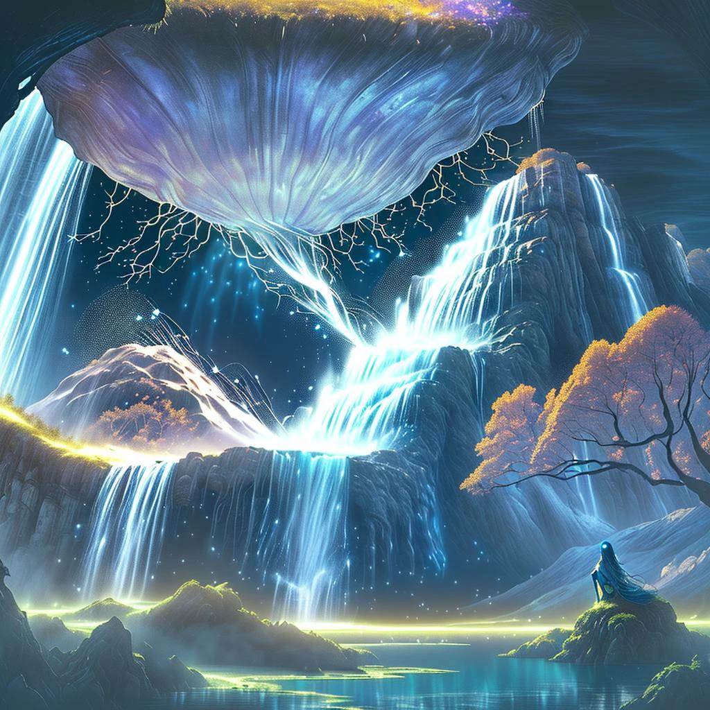 (masterpiece, best_quality, ultra-detailed, immaculate:1.3), epic, illustration, Magical floating islands with giant goddess watching over earth,1girl, solo, blue eyes, outdoors, sky, cloud, water, armor, glowing, colored skin, cloudy sky, staff, glowing eyes, rock, mountain, blue skin <lora:ral-mytfrst-sdxl:0.8> ral-mytfrst , fantasy, glowing, glowing eyes, fantasy landscape, floating islands, falling waterfalls, <lora:Particles_Style_SDXL:0.8> ais-particlez <lora:LORA-XenoDetailer-v3:.4> <lora:guardian:0.9> guardian