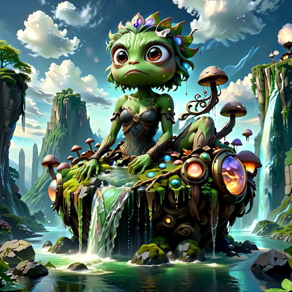 (masterpiece, best_quality, ultra-detailed, immaculate:1.3), epic, illustration, Magical floating islands with giant Guardian Pepe frog watching over earth,1 pixie woman, solo, outdoors, sky, cloud, water, armor, glowing, colored skin, cloudy sky, powerstaff, glowing eyes, rock, mountain, color skin <lora:ral-mytfrst:0.8> ral-mytfrst , fantasy, glowing, glowing eyes, fantasy landscape, floating islands, falling waterfalls, flowing rivers of magic particles ais-particlez <lora:guardian:0.9> guardian <lora:ponydiffusionv6_pepethefrog:1> <lora:RPGPixie:0.8> rpgpixie