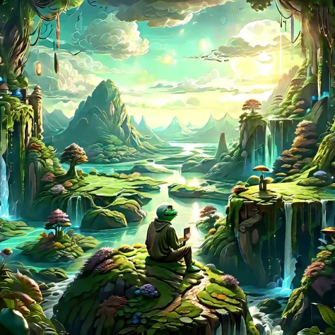 (masterpiece, best_quality, ultra-detailed, immaculate:1.3), epic, illustration, Magical floating islands with giant Guardian mega-physique Pepe frog watching over earth,1girl, solo, outdoors, sky, cloud, water, armor, glowing, colored skin, cloudy sky, staff, glowing eyes, rock, mountain, blue skin <lora:ral-mytfrst-sdxl:0.8> ral-mytfrst , fantasy, glowing, glowing eyes, fantasy landscape, floating islands, falling waterfalls,   <lora:guardian:0.9> guardian spirit  <lora:ponydiffusionv6_pepethefrog:1>