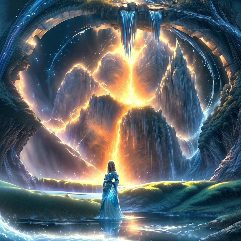 (masterpiece, best_quality, ultra-detailed, immaculate:1.3), epic, illustration, Magical floating islands with giant goddess watching over earth,1girl, solo, blue eyes, outdoors, sky, cloud, water, armor, glowing, colored skin, cloudy sky, staff, glowing eyes, rock, mountain, blue skin <lora:ral-mytfrst-sdxl:0.8> ral-mytfrst , fantasy, glowing, glowing eyes, fantasy landscape, floating islands, falling waterfalls, <lora:Particles_Style_SDXL:0.8> ais-particlez <lora:LORA-XenoDetailer-v3:.4> <lora:guardian:0.9> guardian
