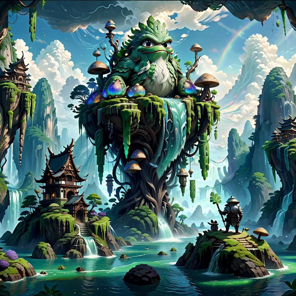 (masterpiece, best_quality, ultra-detailed, immaculate:1.3), epic, illustration, Magical floating islands with translucent giant PEPE mega-physique guardian watching over earth, solo, outdoors, sky, cloud, water, armor, glowing, , cloudy sky, staff, glowing eyes, rock, mountain, <lora:ral-mytfrst-sdxl:0.8> ral-mytfrst , fantasy, glowing, glowing eyes, fantasy landscape, floating islands, falling waterfalls, <lora:guardian:0.9> enormous guardian spirit <lora:ponydiffusionv6_pepethefrog:1>