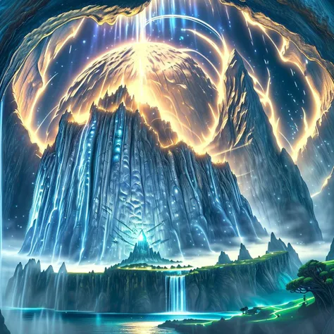 (masterpiece, best_quality, ultra-detailed, immaculate:1.3), epic, illustration, Magical floating islands with giant goddess watching over earth,1girl, solo, blue eyes, outdoors, sky, cloud, water, armor, glowing, colored skin, cloudy sky, staff, glowing eyes, rock, mountain, blue skin <lora:ral-mytfrst-sdxl:0.8> ral-mytfrst , fantasy, glowing, glowing eyes, fantasy landscape, floating islands, falling waterfalls, <lora:Particles_Style_SDXL:0.8> ais-particlez <lora:LORA-XenoDetailer-v3:.4> <lora:guardian:0.9> guardian