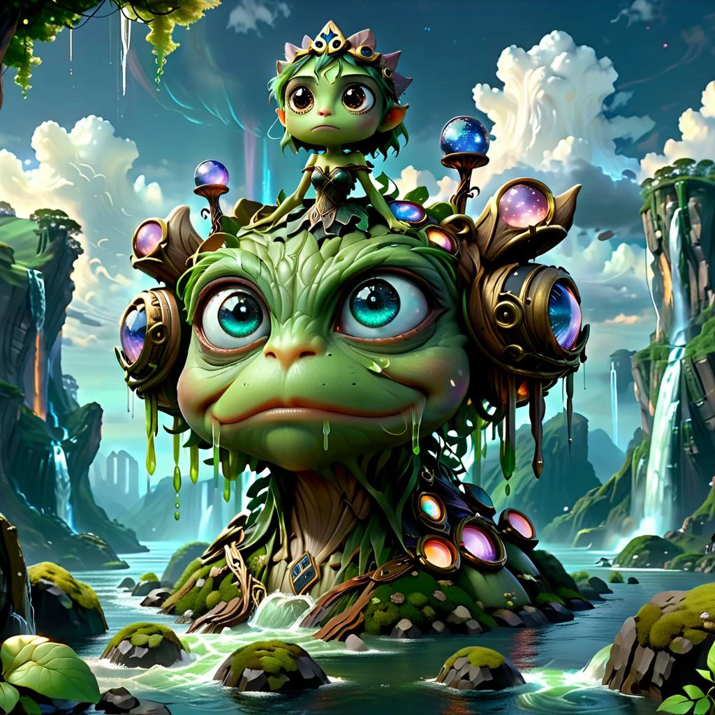 (masterpiece, best_quality, ultra-detailed, immaculate:1.3), epic, illustration, Magical floating islands with giant Guardian Pepe frog watching over earth,1 pixie woman, solo, outdoors, sky, cloud, water, armor, glowing, colored skin, cloudy sky, powerstaff, glowing eyes, rock, mountain, color skin <lora:ral-mytfrst:0.8> ral-mytfrst , fantasy, glowing, glowing eyes, fantasy landscape, floating islands, falling waterfalls, flowing rivers of magic particles ais-particlez <lora:guardian:0.9> guardian <lora:ponydiffusionv6_pepethefrog:1> <lora:RPGPixie:0.8> rpgpixie