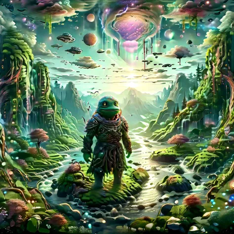 (masterpiece, best_quality, ultra-detailed, immaculate:1.3), epic, illustration, Magical floating islands with giant Guardian mega-physique Pepe frog watching over earth,1girl, solo, outdoors, sky, cloud, water, armor, glowing, colored skin, cloudy sky, staff, glowing eyes, rock, mountain, blue skin <lora:ral-mytfrst-sdxl:0.8> ral-mytfrst , fantasy, glowing, glowing eyes, fantasy landscape, floating islands, falling waterfalls, <lora:Particles_Style_SDXL:0.8> ais-particlez <lora:LORA_XenoDetailer_v3:.4> <lora:guardian:0.9> guardian <lora:wizards_vintage_comics-Undergroundf16:0.8> Vintage comic book with title text: "gods", vintage comic book <lora:ponydiffusionv6_pepethefrog:1>