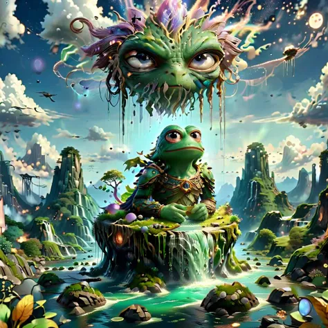 (masterpiece, best_quality, ultra-detailed, immaculate:1.3), epic, illustration, Magical floating islands with giant Guardian Pepe frog watching over earth,1girl, solo, outdoors, sky, cloud, water, armor, glowing, colored skin, cloudy sky, staff, glowing eyes, rock, mountain, blue skin <lora:ral-mytfrst:0.8> ral-mytfrst , fantasy, glowing, glowing eyes, fantasy landscape, floating islands, falling waterfalls, <lora:Particles_Style_SDXL:0.8> ais-particlez <lora:LORA_XenoDetailer_v3:.4> <lora:guardian:0.9> guardian <lora:wizards_vintage_comics-Undergroundf16:0.8> Vintage comic book with title text: "gods", vintage comic book <lora:ponydiffusionv6_pepethefrog:1>