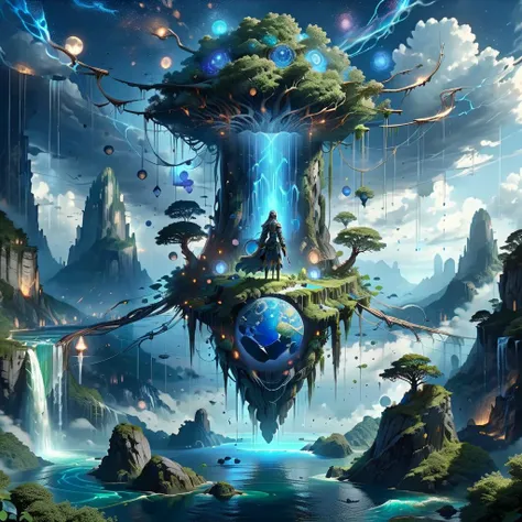 (masterpiece, best_quality, ultra-detailed, immaculate:1.3), epic, illustration, Magical floating islands with giant goddess watching over earth,1girl, solo, blue eyes, outdoors, sky, cloud, water, armor, glowing, colored skin, cloudy sky, staff, glowing eyes, rock, mountain, blue skin <lora:ral-mytfrst-sdxl:0.8> ral-mytfrst , fantasy, glowing, glowing eyes, fantasy landscape, floating islands, falling waterfalls, <lora:Particles_Style_SDXL:0.8> ais-particlez <lora:LORA-XenoDetailer-v3:.4> <lora:guardian:0.9> guardian