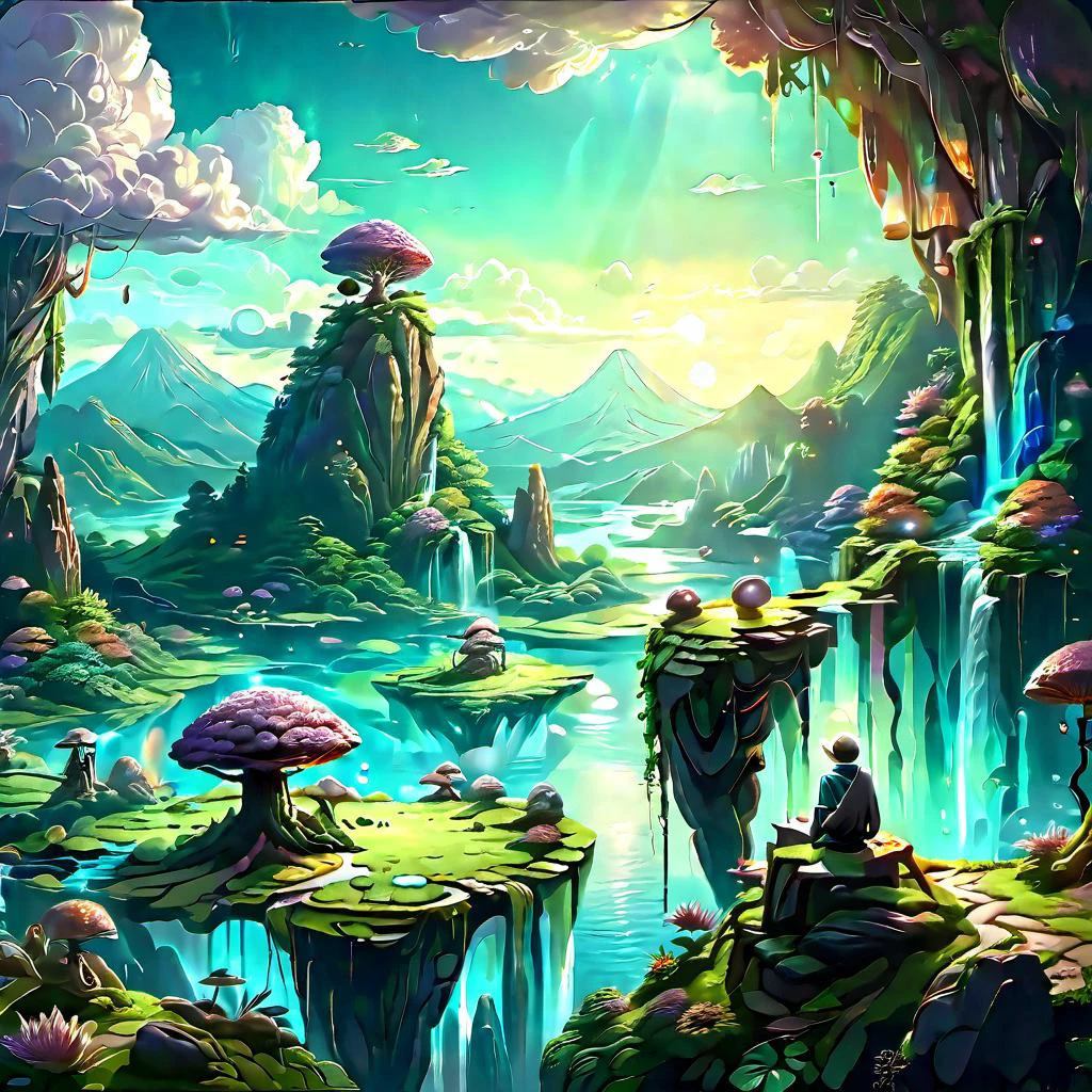 (masterpiece, best_quality, ultra-detailed, immaculate:1.3), epic, illustration, Magical floating islands with giant Guardian mega-physique Pepe frog watching over earth,1girl, solo, outdoors, sky, cloud, water, armor, glowing, colored skin, cloudy sky, staff, glowing eyes, rock, mountain, blue skin <lora:ral-mytfrst-sdxl:0.8> ral-mytfrst , fantasy, glowing, glowing eyes, fantasy landscape, floating islands, falling waterfalls, <lora:guardian:0.9> guardian spirit <lora:ponydiffusionv6_pepethefrog:1>