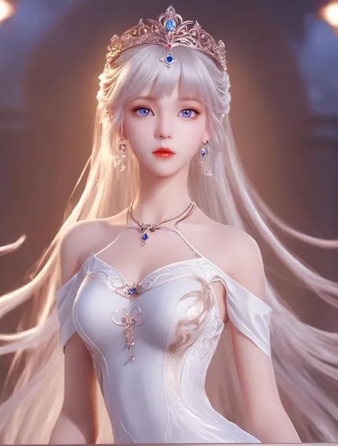 1girl,solo,xiaowu,
masterpiece,best quality,ultra high res,beautiful,visually stunning,elegant,incredible details,1girl,solo,jewelry,earrings,blue eyes,long hair,parted lips,upper body,white hair,tiara,white dress,lips,dress,blonde hair,realistic,bangs,
solid background, <lora:XL_xwu-000005:0.8>