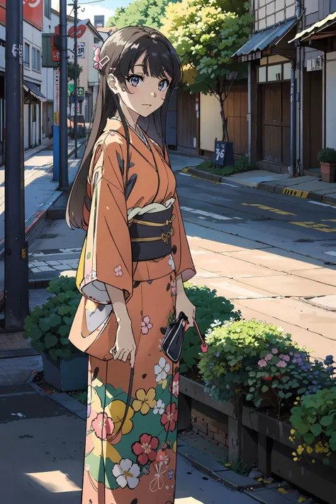 <lora:sakurajima_mai:0.85>, (sakurajima mai), 1girl, (yellow/blue/green/white/black/red/pink kimono), (japanese clothes), (floral print), (long sleeves), (black long hair), bangs, hairclip, purple eyes, hairclip, (upper body),(light smile), standing, (looking at viewer), (cowboy shot), (masterpiece, best quality, high quality), (colorful), volumatic light, ray tracing, extremely detailed CG unity 8k wallpaper, outdoors, cityscape, buidlings, streets, flowers, green plants, blue sky, <lora:Kimono:0.7>,