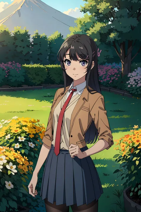 <lora:sakurajima_mai:0.8>, (sakurajima mai), 1girl, black long hair, bangs, hairclip, purple eyes, school shirt, (brown school uniform),(school skirt),(black pantyhose),(light smile),((dynamic pose)), red necktie, upper body, standing, dynamic pose, looking at viewer, (cowboy shot), (masterpiece, best quality, high quality), (colorful), volumatic light, ray tracing, extremely detailed CG unity 8k wallpaper, outdoors, beautiful scenery, garden, flowers, sunshine, blue sky