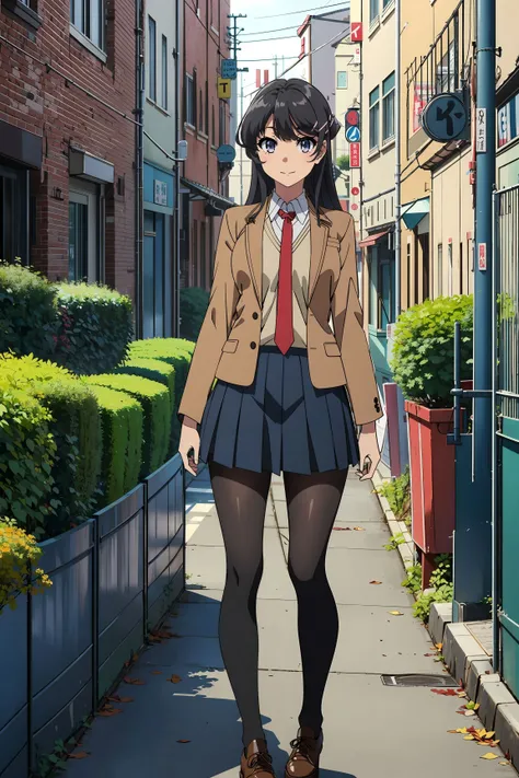 <lora:sakurajima_mai:0.8>, (sakurajima mai), 1girl, black long hair, bangs, hairclip, purple eyes, school shirt, (brown school uniform),(school skirt),(black pantyhose), (brwon shoes),(light smile),((dynamic pose)), red necktie, full body, standing, dynamic pose, looking at viewer, (cowboy shot), (masterpiece, best quality, high quality), (colorful), volumatic light, ray tracing, extremely detailed CG unity 8k wallpaper, outdoors, cityscape, buidlings, streets, flowers, green plants, blue sky