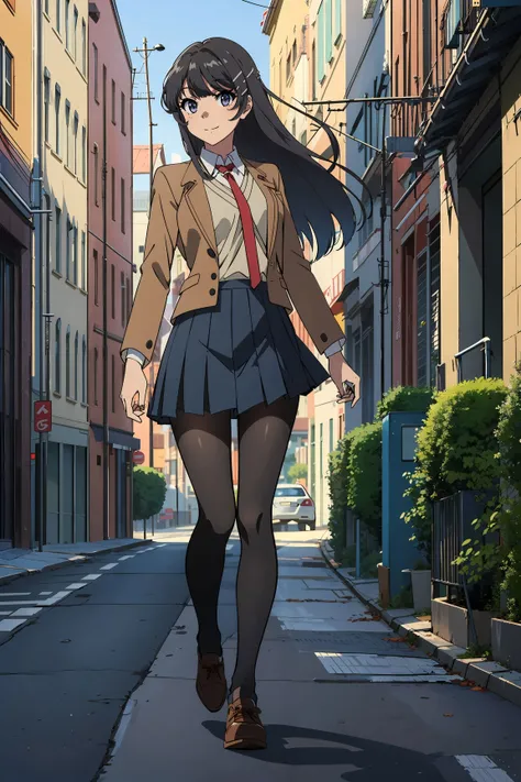 <lora:sakurajima_mai:0.8>, (sakurajima mai), 1girl, black long hair, bangs, hairclip, purple eyes, school shirt, (brown school uniform),(school skirt),(black pantyhose), (brwon shoes),(light smile),((dynamic pose)), red necktie, full body, standing, dynamic pose, looking at viewer, (cowboy shot), (masterpiece, best quality, high quality), (colorful), volumatic light, ray tracing, extremely detailed CG unity 8k wallpaper, outdoors, cityscape, buidlings, streets, flowers, green plants, blue sky