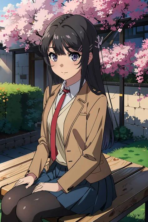 <lora:sakurajima_mai:0.8>, (sakurajima mai), 1girl, black long hair, bangs, hairclip, purple eyes, school shirt, (brown school uniform),(school skirt),(black pantyhose),(light smile),((dynamic pose)), red necktie, upper body, sitting on the bench, dynamic pose, looking at viewer, (cowboy shot), (masterpiece, best quality, high quality), (colorful), volumatic light, ray tracing, extremely detailed CG unity 8k wallpaper, outdoors, beautiful scenery, garden, flowers, sunshine, blue sky