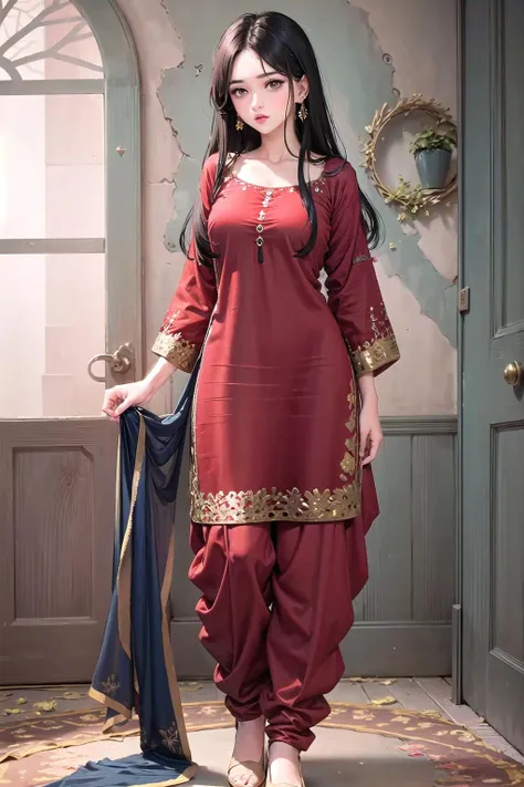 <lora:wrenchpjbss-10:1.1>, 1girl wearing wrenchpjbss, embroidery, red dress,