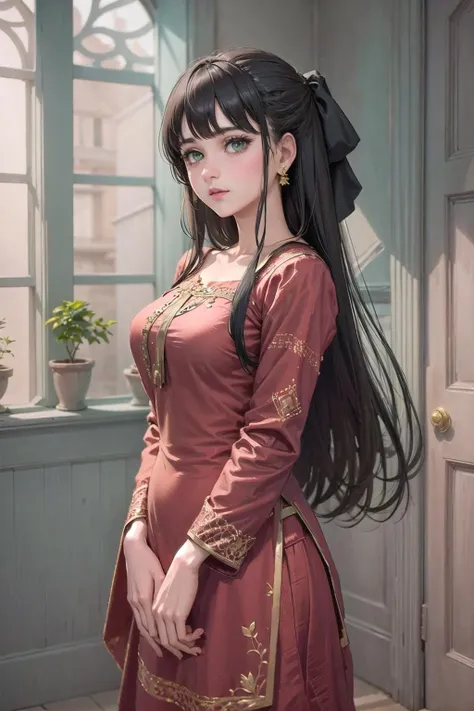 <lora:wrenchpjbss-10:1.1>, 1girl wearing wrenchpjbss, embroidery, red dress,  <lora:elie-nvwls-v2-zero:0.7> elie macdowell, green eyes, hair ribbon, jewelry,