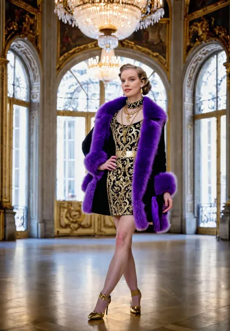 fashion photography, (full body shot:1.1), pale skin ohwx woman Purple mockneck Statement necklace Vivid violet Split lighting Windows Swirly bokeh balls. Palace of Versailles Indoors Hall of Mirrors Gilded architecture Framing Surrounded by ornate furnishings Controlled lighting shot on Nikon Z6 Nikon Z 85mm f/1.8 S F/2.8, 1/125s, ISO 100, in style of Petter Hegre
<lora:ErinEverheart_SDXL_v1.0b:1>