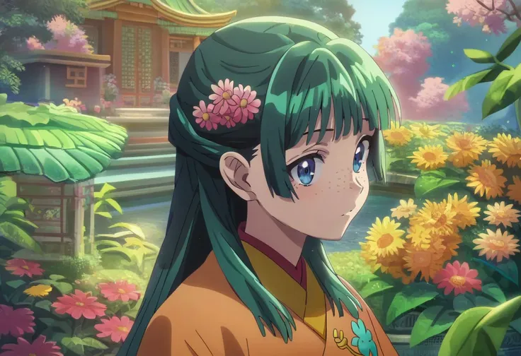 score_9, score_8_up, score_7_up, score_6_up,
cute 1girl, maomao near flower garden, green hair, long hair, blue eyes, freckles, orange hanfu, chinese clothes, default hairstyle, detailed beautiful eyes, dawn, nature, intricate lanscape, Cymbidium Orchid,
<lora:maomao_ponyxl_v1:0.64>, solo, masterpiece, <lora:fengXLJS2lokrV12:0.7>