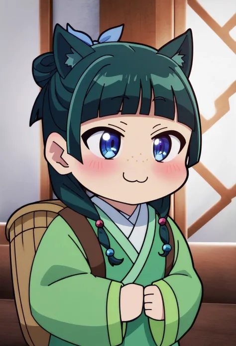 1girl, maomao, <lora:maomao_ponyxl_v1:1>, solo, green hair, long hair, blue eyes, BREAK
:3, backpack, bag, blunt bangs, blush, cat ears, long sleeves, smile, chibi, freckles, light green hanfu, default clothes, chinese clothes, wide sleeves, default hairstyle, hair bun, hair ribbon, blue ribbon, sidelocks, hair beads, half updo, hair over shoulder, excited, low twintails, BREAK
score_9, score_8_up, score_7_up, score_6_up, anime, BREAK
(high quality, detailed, beautiful), shiny, detailed beautiful eyes, outstanding, countershading, detailed soft lighting