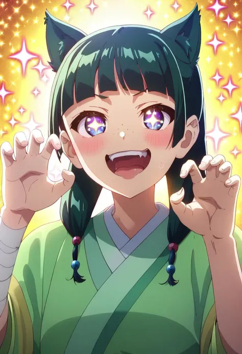 1girl, maomao, <lora:maomao_ponyxl_v1:1>, solo, green hair, long hair, blue eyes, BREAK
+ +, ^^^, blunt bangs, blush, cat ears, claw pose, drooling, excited, extra ears, mouth drool, open mouth, sparkle, sparkle background, sparkling eyes, star (symbol), symbol-shaped pupils, freckles, light green hanfu, default clothes, chinese clothes, default hairstyle, sidelocks, hair beads, hair over shoulder, bandaged arm, low twintails, BREAK
score_9, score_8_up, score_7_up, score_6_up, anime, BREAK
(high quality, detailed, beautiful), shiny, detailed beautiful eyes, outstanding, countershading, detailed soft lighting