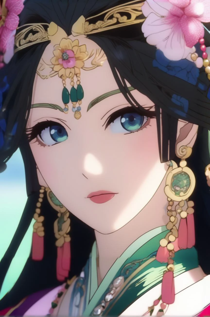 <lora:maomao_ponyxl_v1:1> one girl, green hair, long hair, blue eyes, straight bangs, close-up, collarbone, earrings, face, hair over shoulder, jewelry, looking at viewer, necklace, shaded face, sidelocks, bell earrings, flower necklace, double bun hairstyle, half updo , pl-dress, Chinese clothing, pink hanfu, makeup, lipstick, pink eyeliner, hair beads, low ponytail, anime, (high quality, detailed, beautiful), shiny, detailed beautiful eyes, prominent shadows, detailed soft lighting <lora:detailed_notrigger:1>