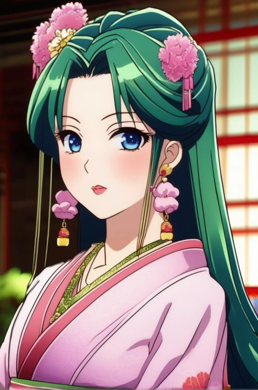 kawaii style manga style <lora:maomao_ponyxl_v1:1> one girl, maomao, green hair, long hair, blue eyes, straight bangs, close-up, collarbone, earrings, face, hair over shoulder, jewelry, looking at viewer, necklace, shaded face, sidelocks, bell earrings, flower necklace, double bun hairstyle, half updo , pl-dress, Chinese clothing, pink hanfu, makeup, lipstick, pink eyeliner, hair beads, low ponytail, anime, (high quality, detailed, beautiful), shiny, detailed beautiful eyes, prominent shadows, detailed soft lighting <lora:detailed_notrigger:1> . vibrant, high-energy, detailed, iconic, Japanese comic style . cute, adorable, brightly colored, cheerful, anime influence, highly detailed