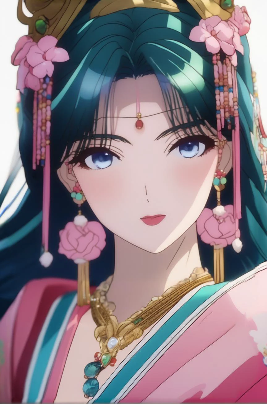 <lora:maomao_ponyxl_v1:1> one girl, maomao, green hair, long hair, blue eyes, straight bangs, close-up, collarbone, earrings, face, hair over shoulder, jewelry, looking at viewer, necklace, shaded face, sidelocks, bell earrings, flower necklace, double bun hairstyle, half updo , pl-dress, Chinese clothing, pink hanfu, makeup, lipstick, pink eyeliner, hair beads, low ponytail, anime, (high quality, detailed, beautiful), shiny, detailed beautiful eyes, prominent shadows, detailed soft lighting <lora:detailed_notrigger:1>