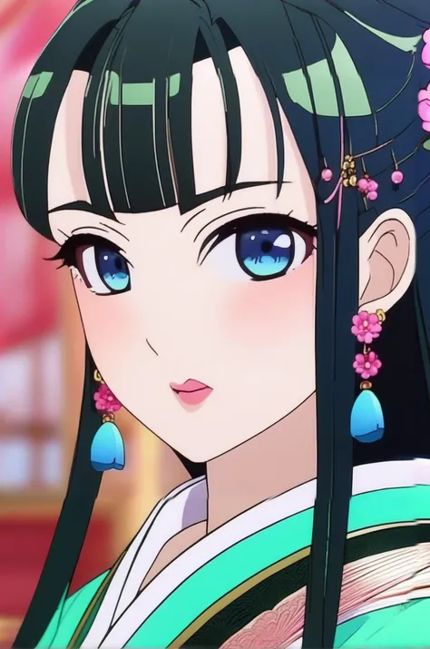 manga style <lora:maomao_ponyxl_v1:1> one girl, maomao, green hair, long hair, blue eyes, straight bangs, close-up, collarbone, earrings, face, hair over shoulder, jewelry, looking at viewer, necklace, shaded face, sidelocks, bell earrings, flower necklace, double bun hairstyle, half updo , pl-dress, Chinese clothing, pink hanfu, makeup, lipstick, pink eyeliner, hair beads, low ponytail, anime, (high quality, detailed, beautiful), shiny, detailed beautiful eyes, prominent shadows, detailed soft lighting <lora:detailed_notrigger:1> . vibrant, high-energy, detailed, iconic, Japanese comic style
