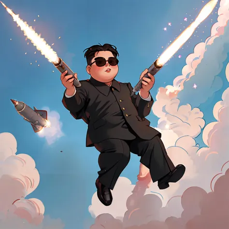 hollywood film still, medium shot, [ xi | kim jong un],  kim jong un hair, handsome,  aviators, mature, soft gaze, suit, slacks, (levitating:1.21),  clouds,  ethereal, (missile:1.3),
soviet lapel,
(fat:1.2), (masterpiece) (best quality) (detailed),
cinematic lighting  <lora:Handjob:0.8> handjob, pov, 1boy, 1girl, [penis : missile : 6], sparks, glitter