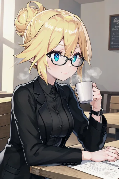 absurdres, high detail, 4k,
indoors, cafe, table, dish, upper body,
sitting, holding coffee cup, clipboard, steam,
superbia, single hair bun, black-framed eyewear, black jacket, collared shirt, wristwatch,
<lora:MGCM-superbia-t1:0.7>