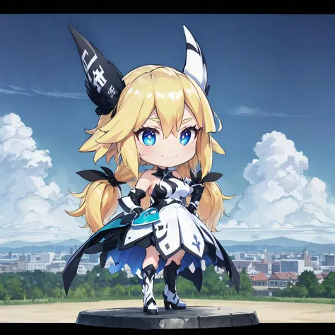 absurdres, high detail, 4k,
city, park, blue sky, brick road, (full body),
standing on statue, light smile, hands on hips,
(chibi:1.2), superbia, twintails, dorigin, horns, multicolored dress, halterneck, white dress, black dress, sleeveless, shoulder armor, feathers, black gloves, knee boots, multicolored boots, heels,
<lora:MGCM-superbia-t1:0.7>