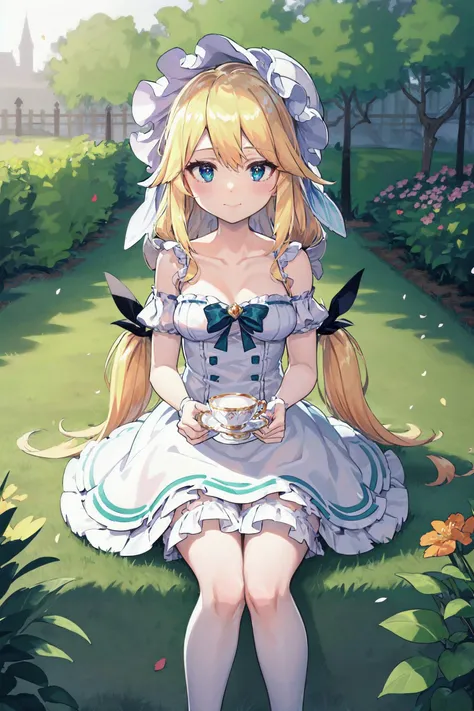 absurdres, high detail, 4k,
garden, flower, petals,
sitting, holding teacup, saucer,
superbia, low twintails, long hair, bonnet, white dress, collarbone, frills, bloomers,
<lora:MGCM-superbia-t1:0.7>
