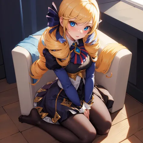 masterpiece, 1girl, full body, solo, best quality, looking at viewer, blush, indoors, face to face, sitting on knee, full body, <lora:gwen2-000012:0.7>, golden hair, blue eyes, black pantyhose, from above, black skirt