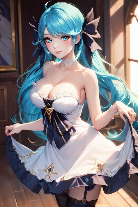 best quality,sharp focus,detailed, <lora:Gwen:0.7>,(gwen \(league of legends\)),cute smile,blush,sexy,large breasts,white castle,indoors,bright sunlight,open space,leaning forward,downblouse,long dress,victorian,pantyhose,blue hair,twintails,bows in hair,extremely delicate and beautiful,frills,black lace,