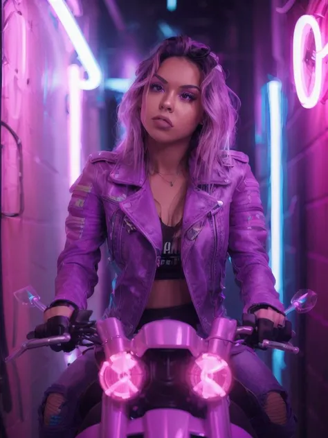 <lyco:neons_v1.1:1.0> a woman riding on the back of a motorcycle, 5 0 0 px models, trichromatic colors, led glowing purple eyes, 2019 trending photo, anamorphic 80mm lens, blue headlights, young angry woman, lorem ipsum dolor sit amet, dark alley, queer woman
