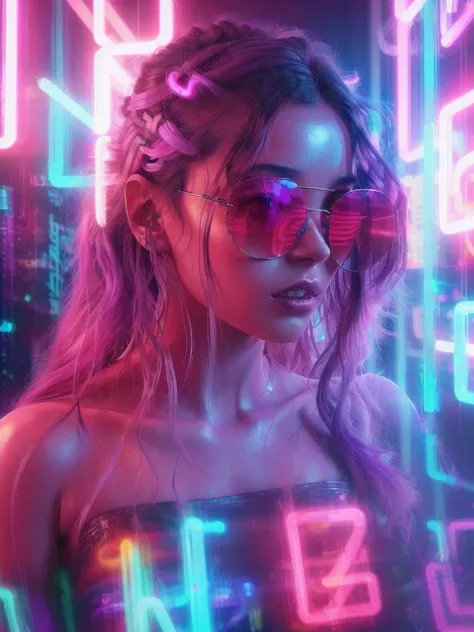 <lyco:neons_v1.1:1.0> a painting of a woman wearing sunglasses, neon cyberpunk highlights, realistic digital drawing, detailed and realistic faces, psychedelic colours, blue and purple lighting, hyper realistic digital painting, bright flare, psychedelic hair, psychedelic dripping colors, the artist has used bright, grunge wall, cgsociety - w 1 0 2 4 - n 8 - i, charli bowater and artgeem