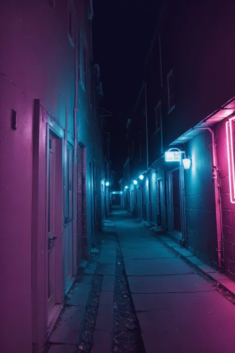 an alley at night, gloomy neons, <lora:neons_v1.1:1>