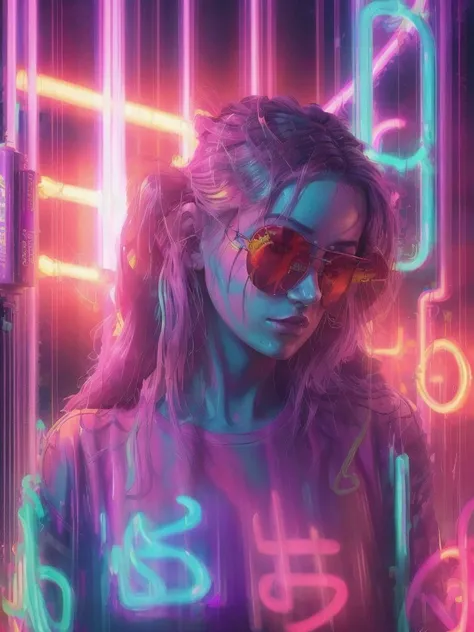 <lyco:neons_v1.1:1.0> a painting of a woman wearing sunglasses, neon cyberpunk highlights, realistic digital drawing, detailed and realistic faces, psychedelic colours, blue and purple lighting, hyper realistic digital painting, bright flare, psychedelic hair, psychedelic dripping colors, the artist has used bright, grunge wall, cgsociety - w 1 0 2 4 - n 8 - i, charli bowater and artgeem