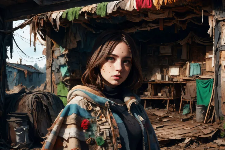 (masterpiece:1.2), (best quality, high quality), post apocalyptic, landscape, 1girl in front, cropped, fabric, green eyes, brown hair, freckles, tattoo, cape, crowd in back, desert, huts, temts, water tower, fance, vehicle, 8k high detail, photo, realistic <lora:Scraps of Fabric_1.5:0.9> , <lora:PostApocalyptic_v4:0.5> sz_4po