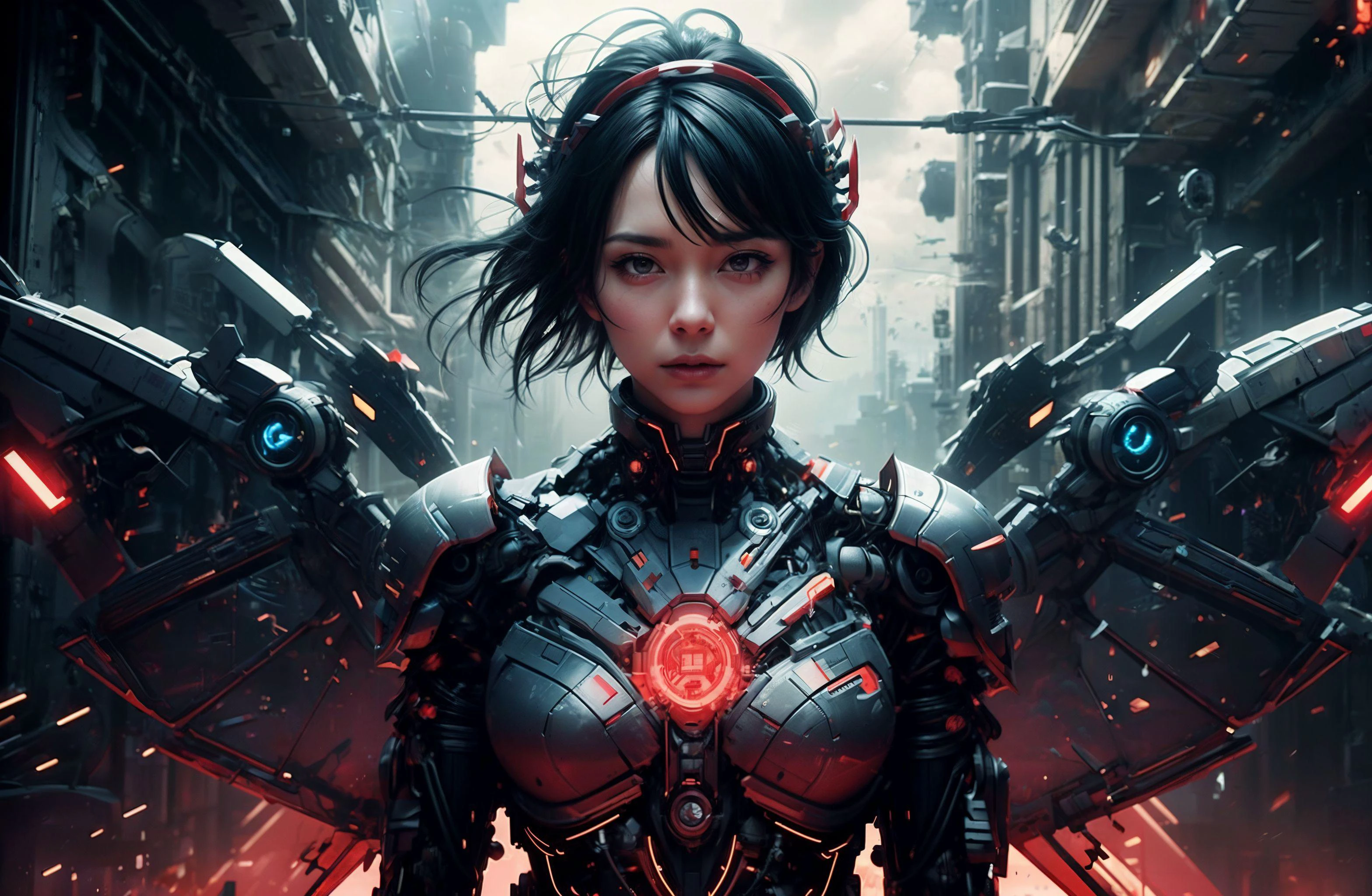 1girl, solo, black hair,  modern haircut, japanese, black eyes, scifi armor, chest plate, joints, mechanical parts, red circuits, angluar shapes, translucent wings, headgear, storm clouds, sharp focus, fov, realistic, 8k high detail, intricate, absrudres, (masterpiece:1.2), (best quality:1.1), <lora:add_detail:0.5> <lora:Evil:0.8> evilrealm <lora:reelmech1v2:0.6>