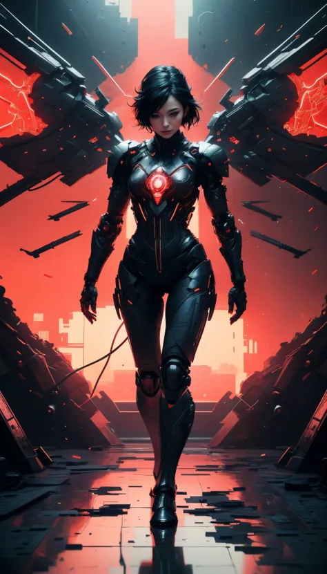 1girl, solo, full body, black hair,  modern haircut, japanese, black eyes, scifi armor, chest plate, joints, mechanical parts, red circuits, angluar shapes, translucent wings, headgear, storm clouds, sharp focus, fov, realistic, 8k high detail, intricate, absrudres, (masterpiece:1.2), (best quality:1.1), <lora:add_detail:0.5> <lora:Evil:0.8> evilrealm <lora:reelmech1v2:0.6>