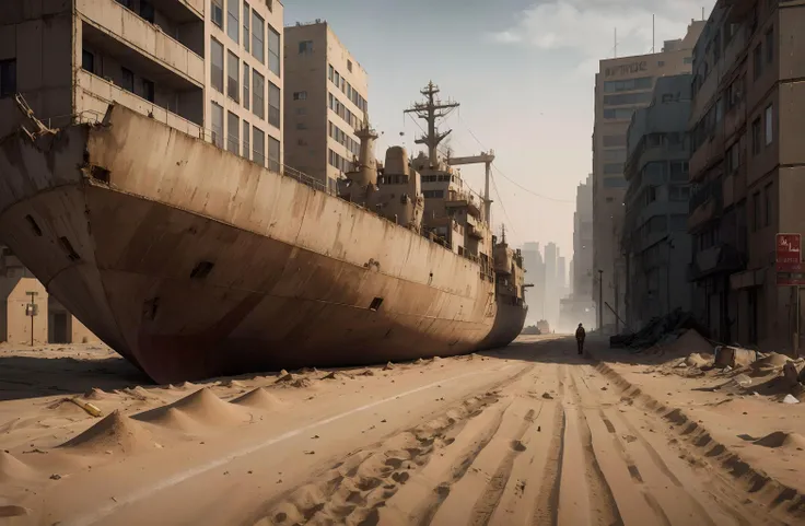 (masterpiece:1.2), (best quality), no human,
tanker ship run aground, middle of a city, road, street, covered in sand, falling sand, clear sky, dystopian, post apocalyptic, sense of scale, 
aesthetic, realistic, 8k high detail,