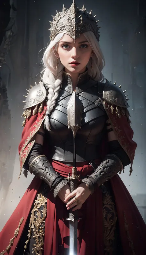 1girl, holding a sword, hands on a sword handle, white hair, long hair, braided ponytail, aqua eyes, confident, (scarlett johansson:0.6), (sandra bullock:0.4), helmet, black armor, spiky shoulders, black breastplate, red blouse, satin, red cloak, pattern, majestic, jewelry, aesthetic, ornate, intricate, uhd, micro details, (masterpiece:1.2), (best quality) <lora:Evil:0.8> evilrealm