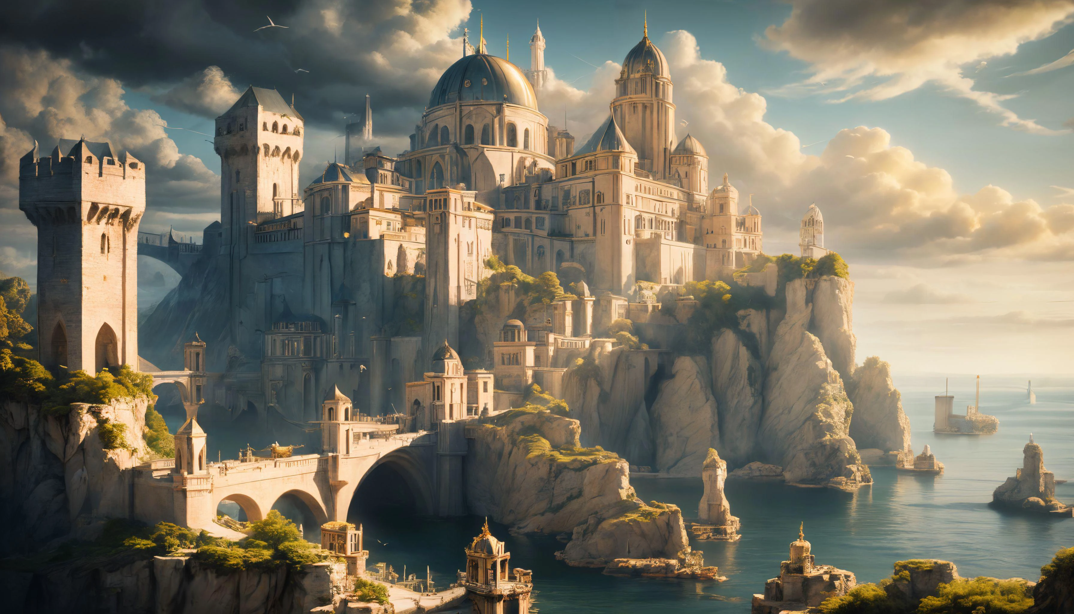 open sea, numenor, harbor, castle on a cliff, bridge, tower, floating banners, white birds, dark cloud, light and shadow, aesthetic, ornate, intricate, hdr, uhd, micro details, (masterpiece:1.2), (best quality) <lora:Numenor-10:1>, <lora:add_detail:0.5>