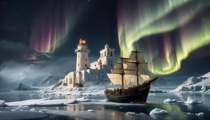 open sea, numenor, lighthouse, surrounded by ice, ship in the background, banners, wind, 24mm, night sky, aurora borealis, volumetric fog, aesthetic, ornate, intricate, hdr, uhd, micro details, (masterpiece:1.2), (best quality) <lora:Numenor-10:0.8>, <lora:add_detail:0.5>