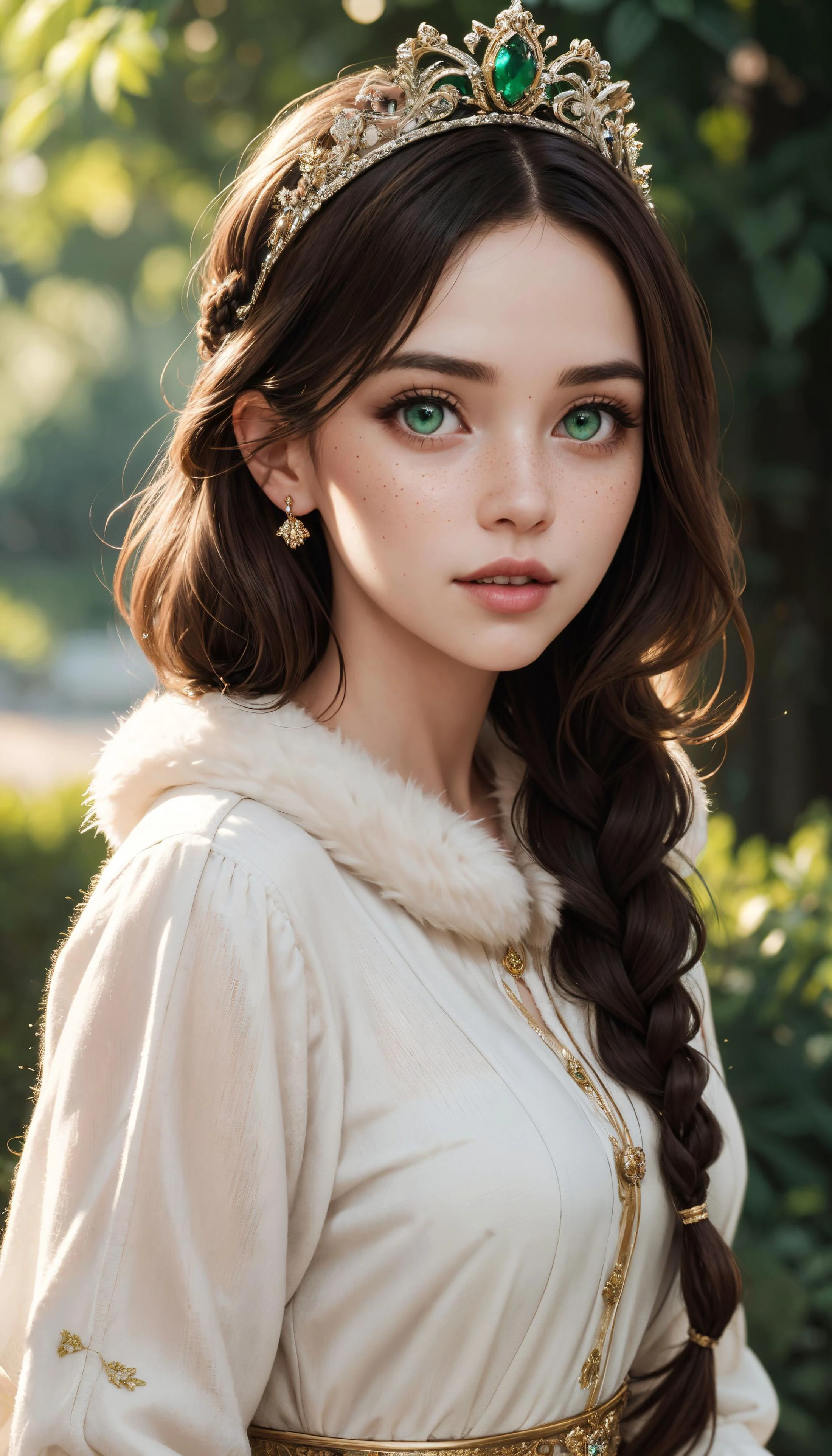 fairy tale, adult woman, solo, looking at viewer, majestic, dress, ornate, fur trim, embroderie, brown hair, braid, tiara, green eyes, freckles, jewelry, parted lips, happy, playful, scenery, professional lighting, dof, photo, aesthetic, realistic, (masterpiece:1.2), (best quality:1.1), 8k, high detail