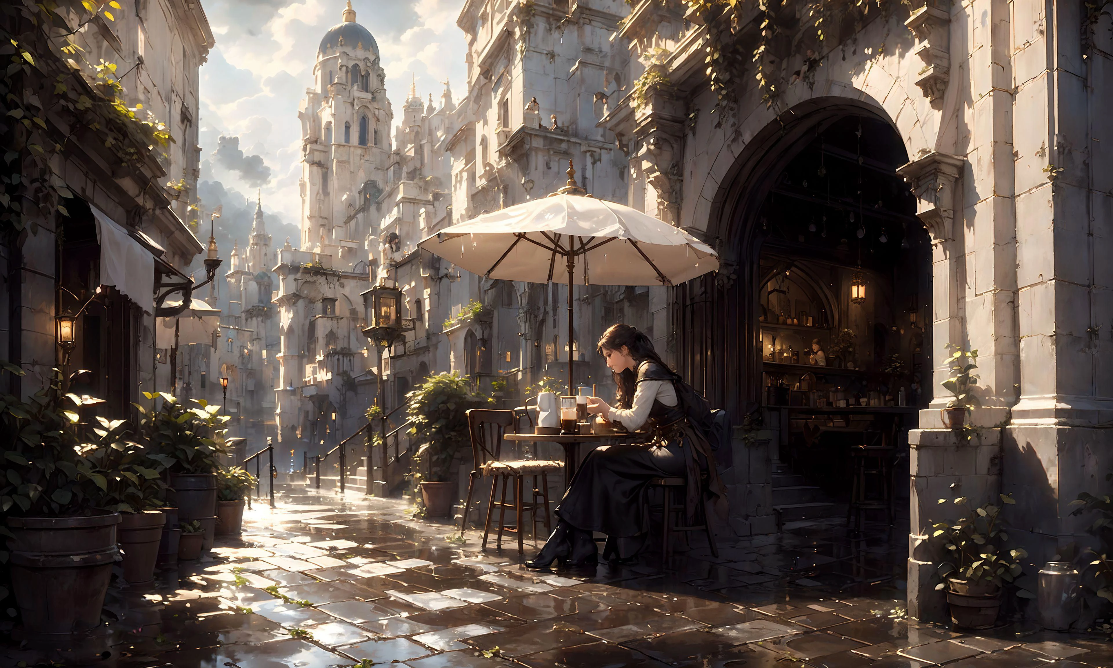 street cafe, 1girl in front, close up, sitting at a table, drinking coffee, fantasy clothing, numenor, tower in back, stairs, black clouds, after rain, puddles, reflections, light rays, aesthetic, ornate, intricate, 8k high detail, photo, realism, (masterpiece:1.2), (best quality) <lora:Numenor-10:0.7> <lora:Fantasy_style_background:0.7> kinkade