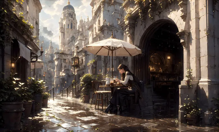 street cafe, 1girl in front, close up, sitting at a table, drinking coffee, fantasy clothing, numenor, tower in back, stairs, black clouds, after rain, puddles, reflections, light rays, aesthetic, ornate, intricate, 8k high detail, photo, realism,  (masterpiece:1.2), (best quality) <lora:Numenor-10:0.7> <lora:Fantasy_style_background:0.7> kinkade