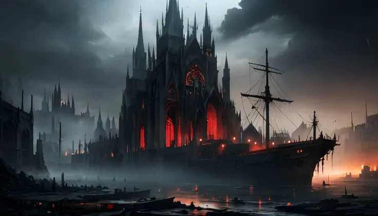 dark fantasy, landscape, cascades, gothic cathedral, wall, city, harbor, ship, white sails, dystopian, (red highlights:0.65), dark clouds, rain, low saturation, light and shadow, aesthetic, intricate, 8k high detail, (masterpiece:1.2), (best quality:1.1) <lora:Evil:0.7> evilrealm