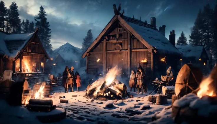 vivi, multiple people in foreground, 1girl cropped, standing around a campfire, low angle, village square, bonfire, fence, winter, snow, night sky, aesthetic, realistic, 8k high detail, absrudres, (masterpiece:1.2), (best quality:1.1), <lora:VikingVillage:0.9>  <lora:add_detail:0.5>