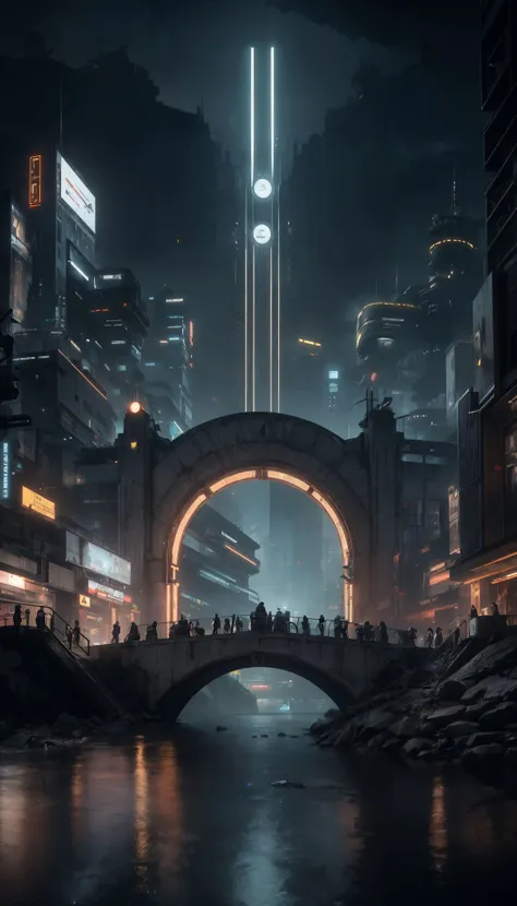 futuristic landscape, scifi, minimalistic architecture, cascades, city, night, city lights, large structure, water, bridge, inspired by blade runner, aesthetic, intricate, 8k high detail, (masterpiece:1.2), (best quality:1.1)